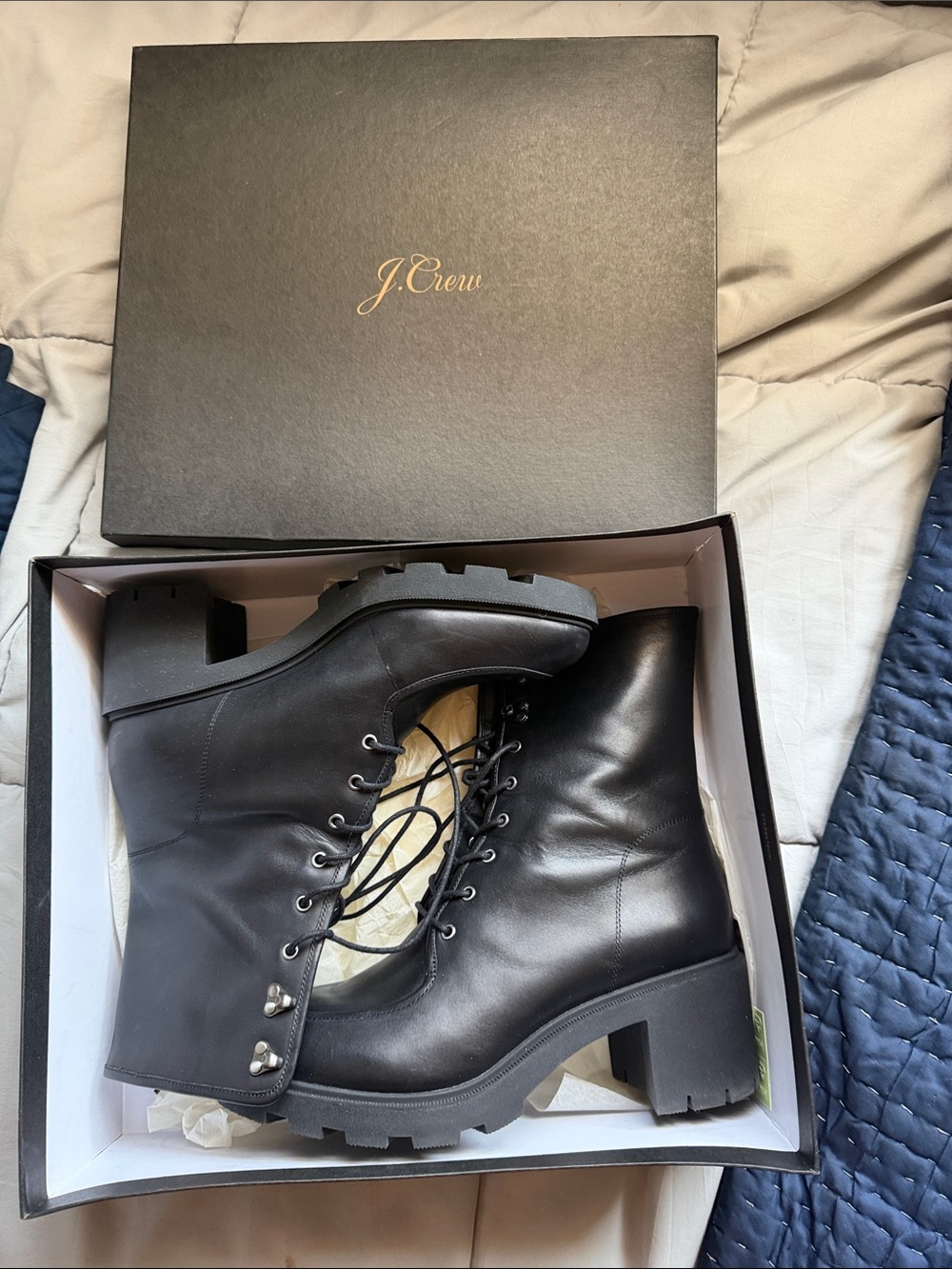 J. Crew Black Leather Lace-Up Lug Boots.  Size 12. Like New!